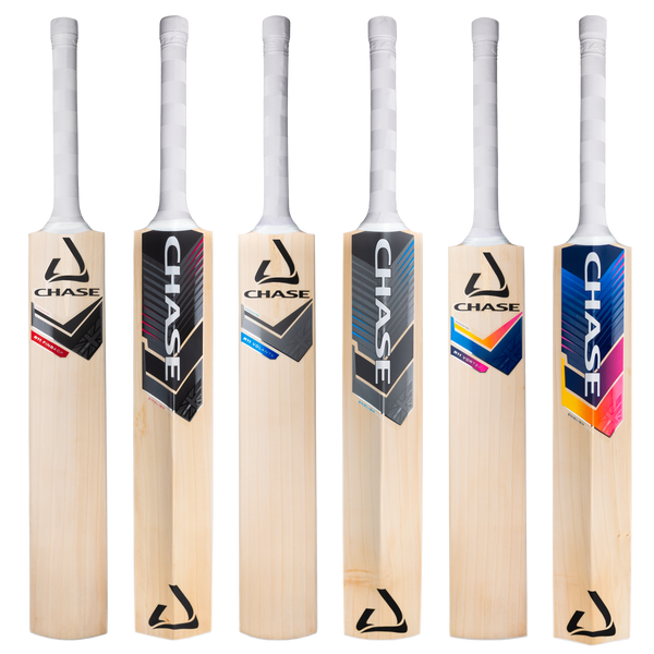 Six Chase cricket bats with different color schemes on a white background