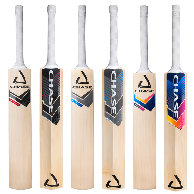 Six Chase cricket bats with different color schemes on a white background